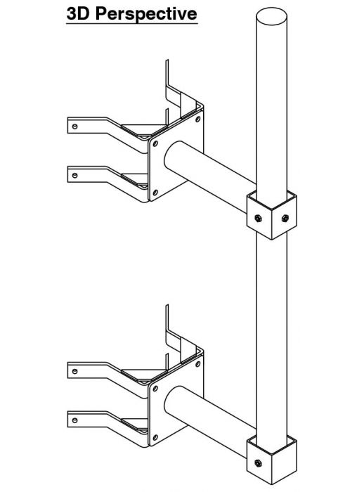 3D diagram of a corner-mounted CCTV pole bracket with dual outreach arms, designed for secure wall installation of surveillance cameras on building exteriors.