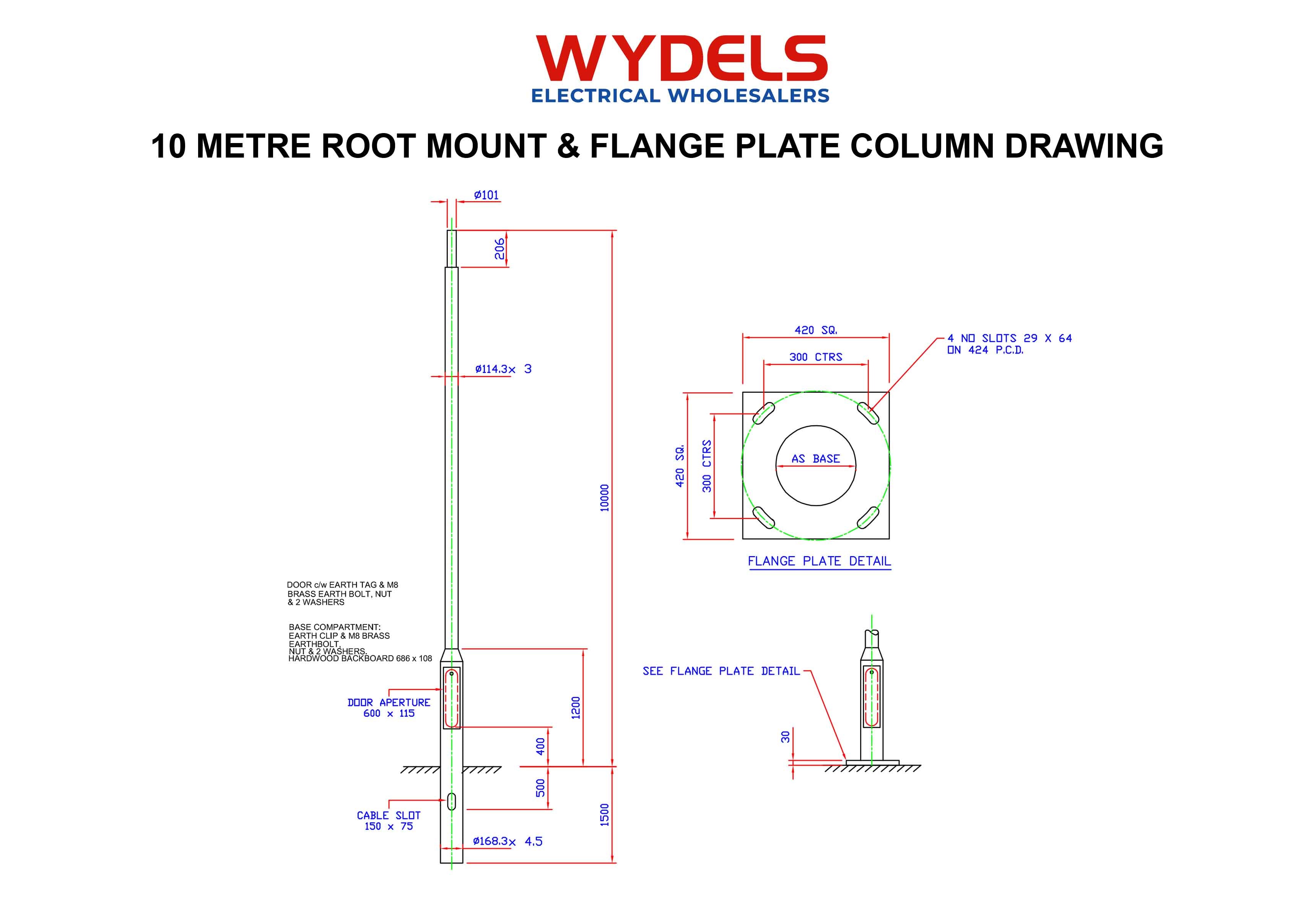 technical drawing of 10m rooted and flange plate lighting column – galvanized lamp post dimensions