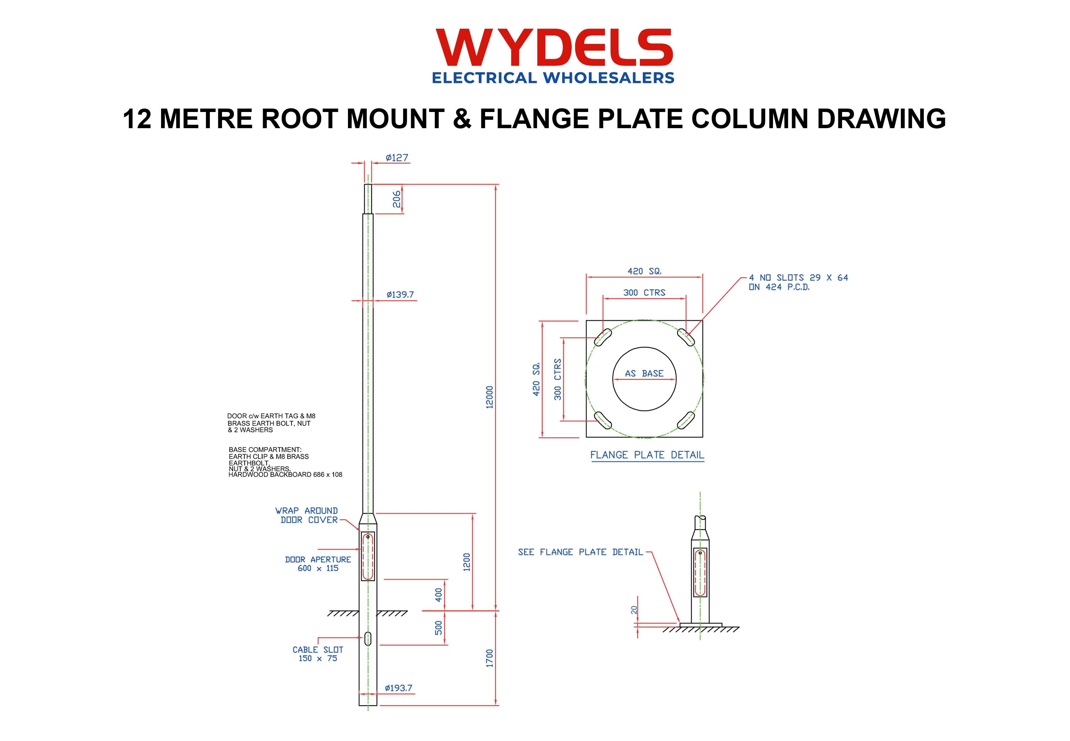technical drawing of 12m rooted and flange plate lighting column – galvanized lamp post dimensions