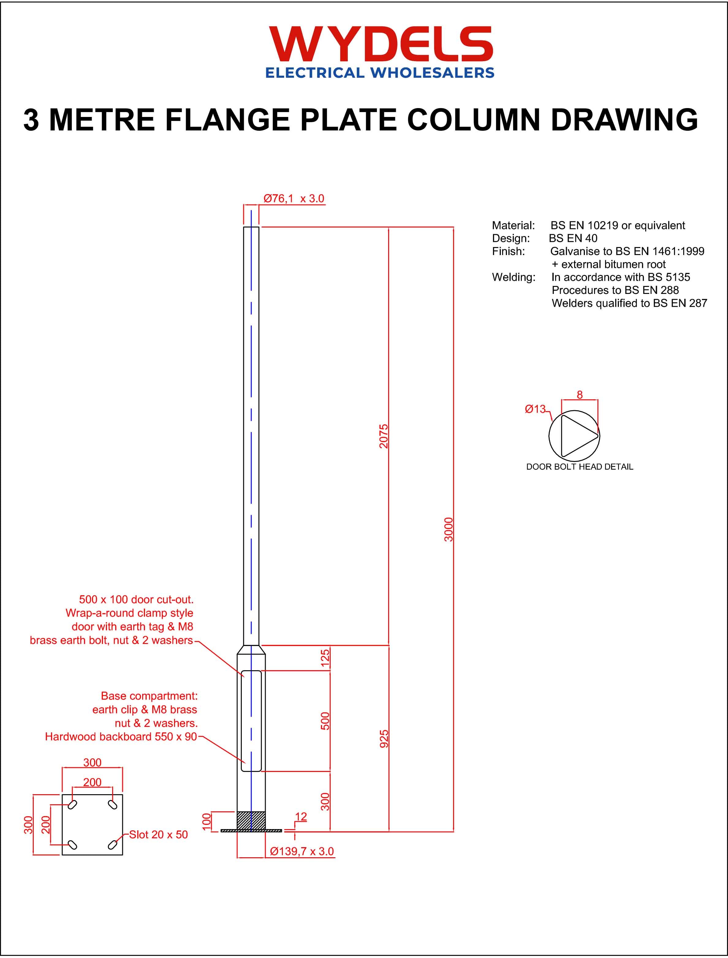 3m lighting column with flange plate – technical spec and dimensions for bolt-down installation