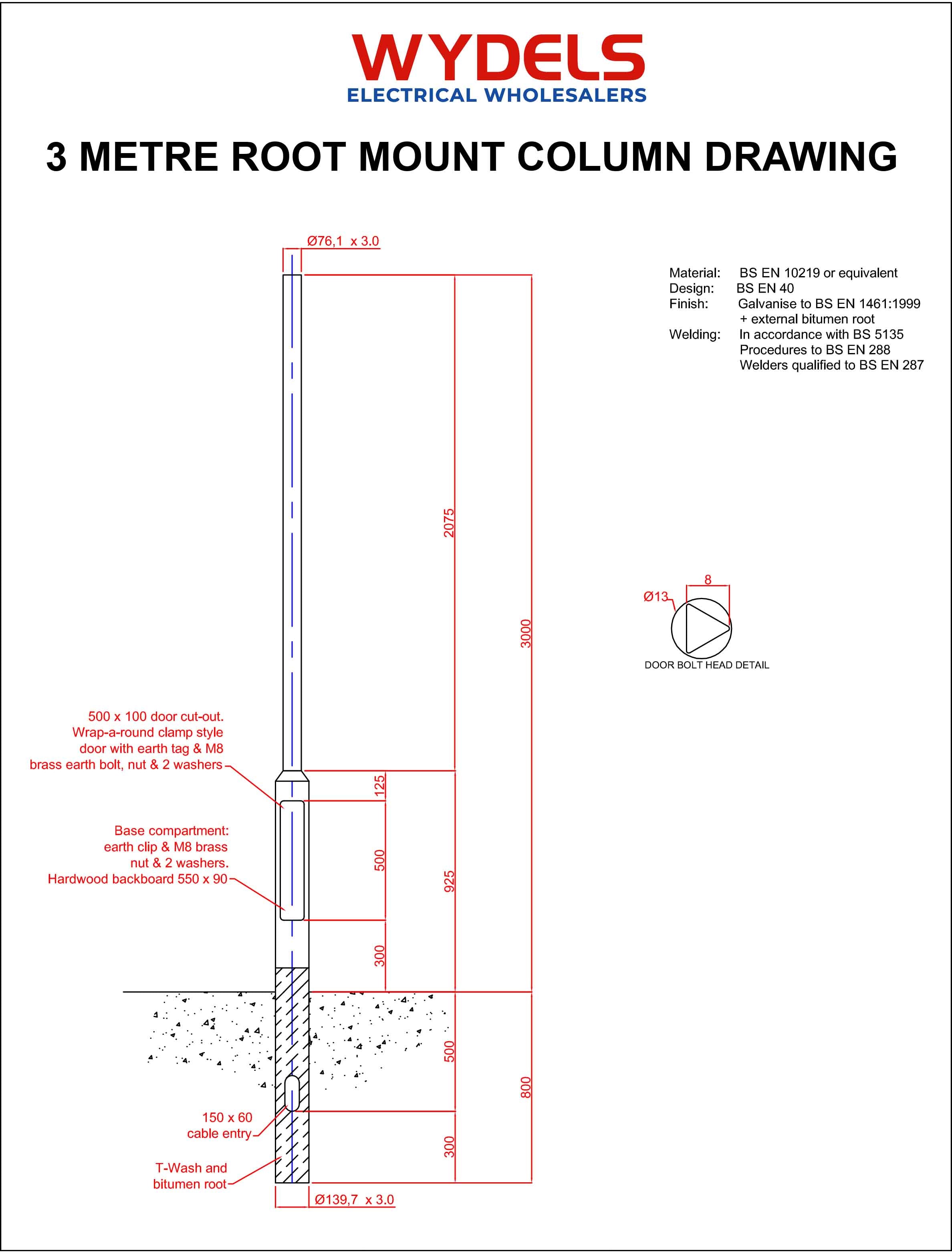technical drawing of 3m rooted lighting column – galvanized lamp post dimensions