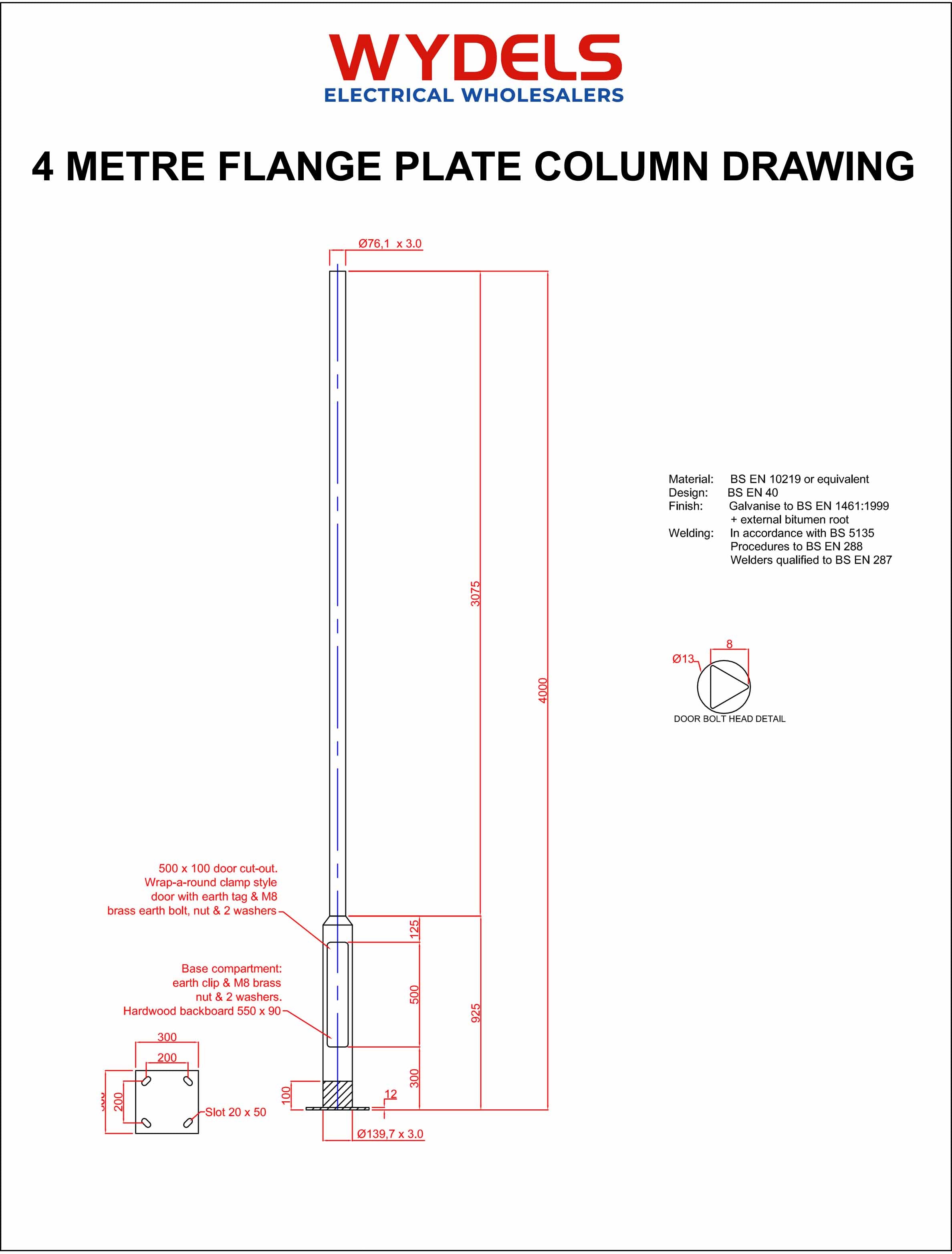 4m lighting column with flange plate – technical spec and dimensions for bolt-down installation