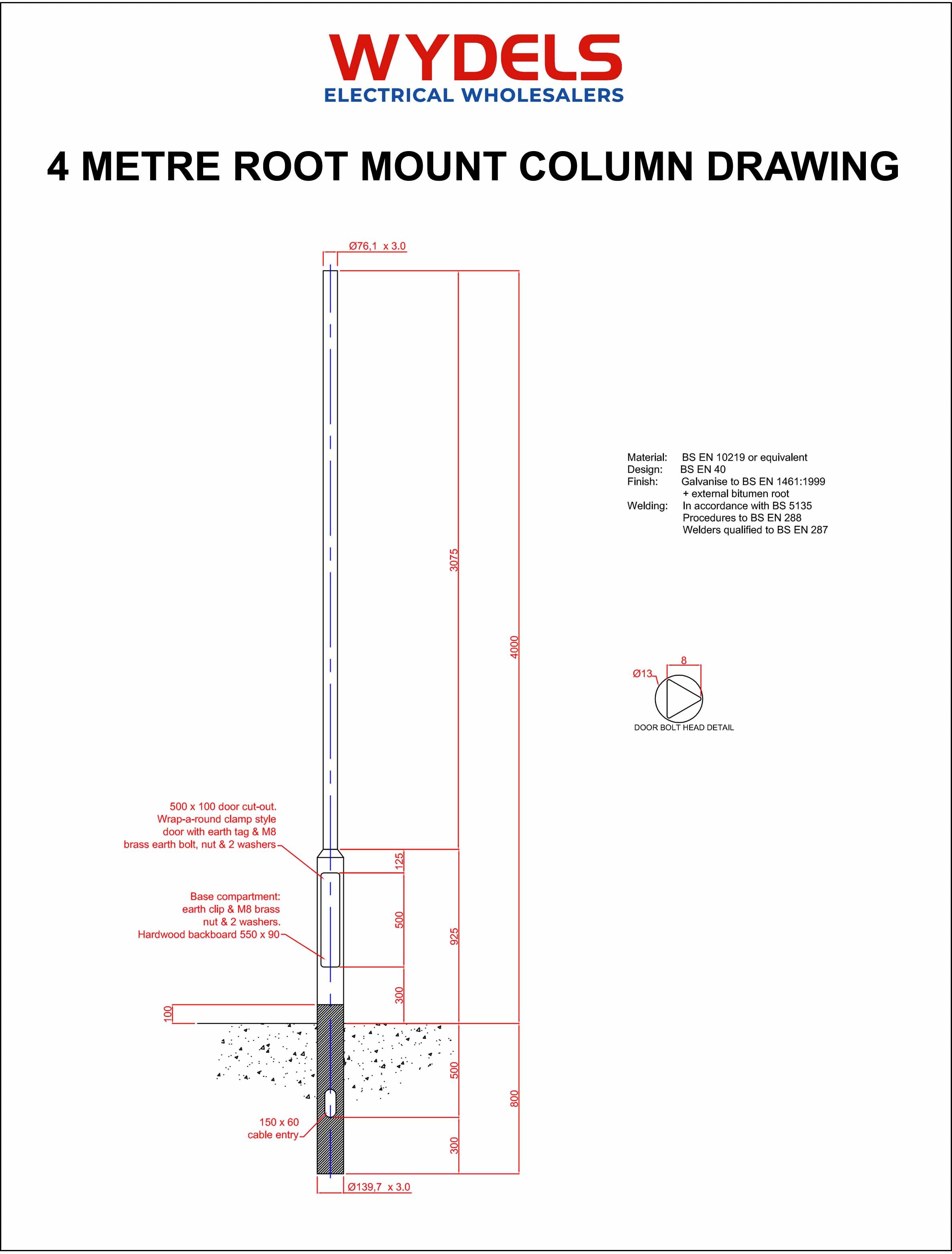 technical drawing of 4m rooted lighting column – galvanized lamp post dimensions