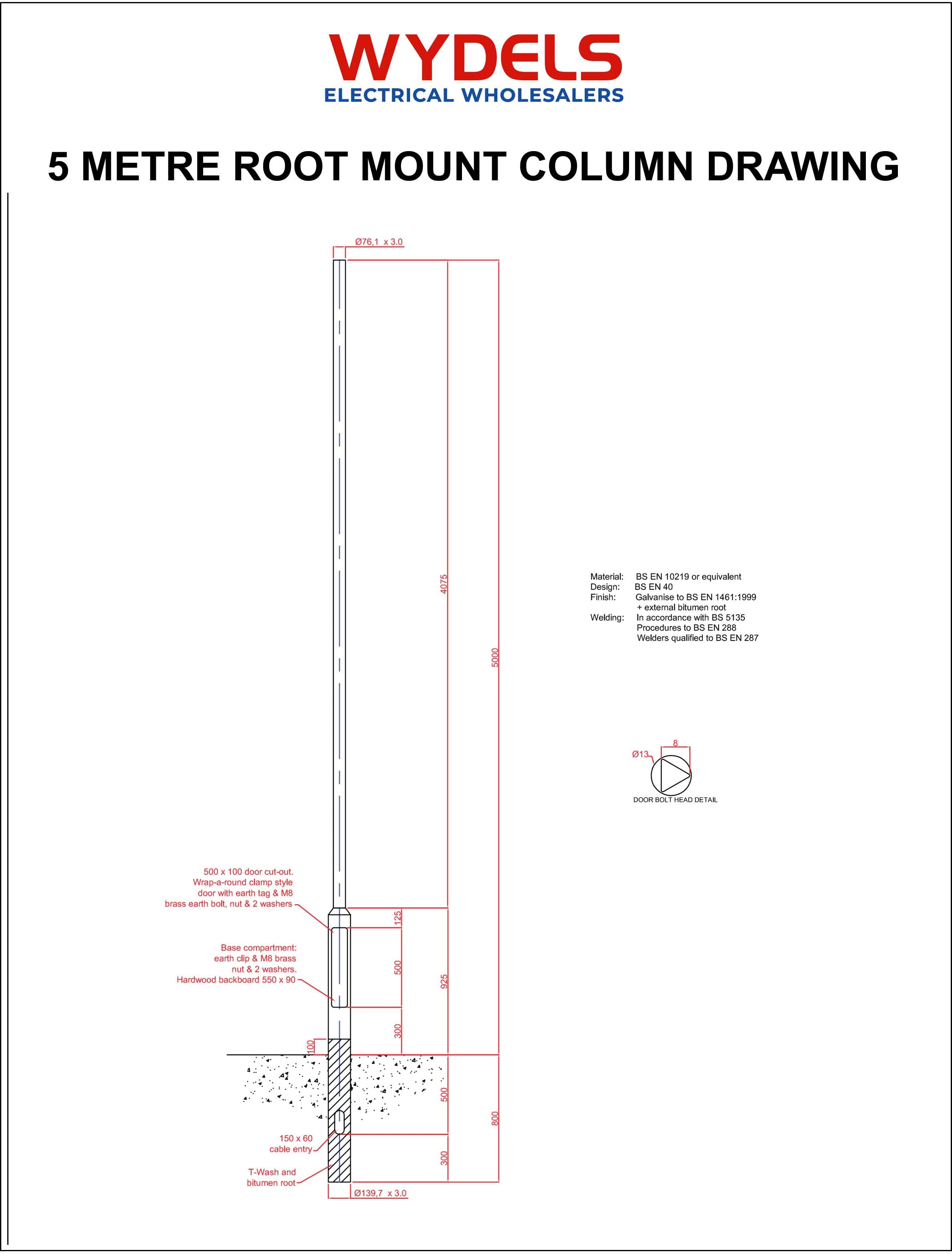 technical drawing of 5m rooted lighting column – galvanized lamp post dimensions