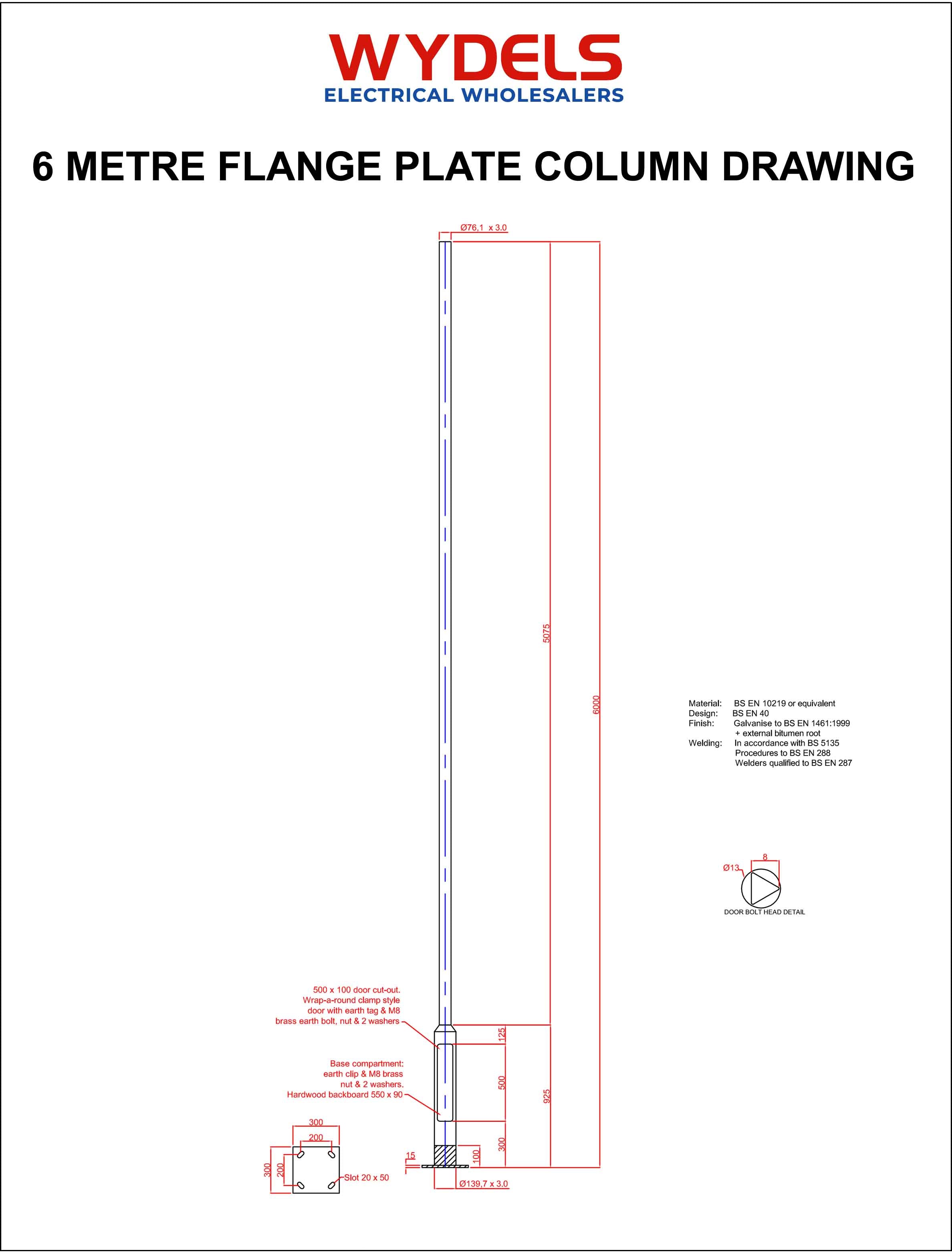 6m lighting column with flange plate – technical spec and dimensions for bolt-down installation