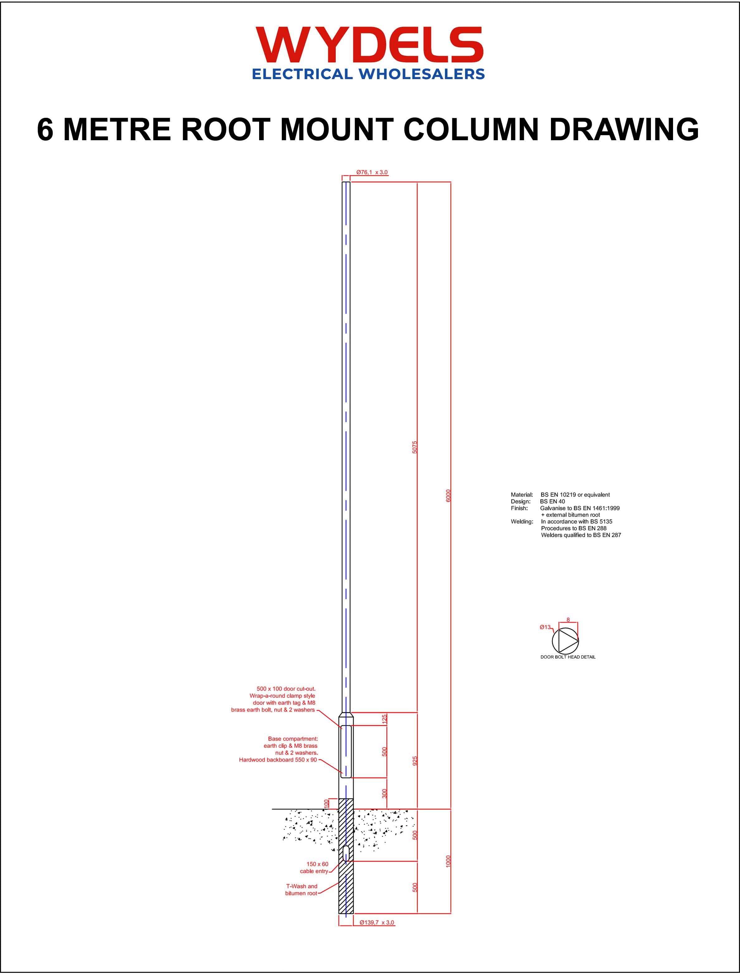 technical drawing of 6m rooted lighting column – galvanized lamp post dimensions