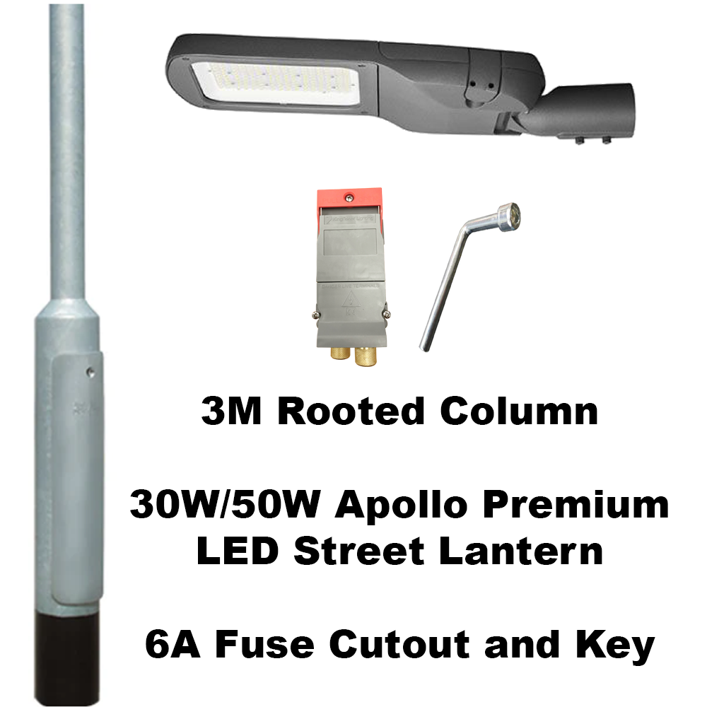 Premium 3 Metre Lighting Column Package c/w 30W or 50W Apollo LED Street Lantern, Fuse Cutout & Key