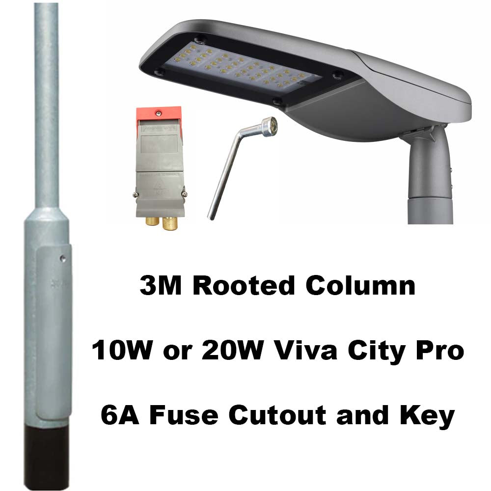 3 Metre Lighting Column Package c/w 10W or 20W LED Street Lantern, Fuse Cutout & Key