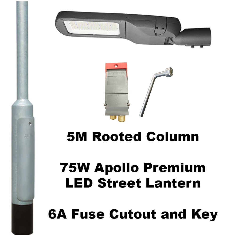 Premium 5 Metre Lighting Column Package c/w 50W or 75W Apollo LED Street Lantern, Fuse Cutout & Key
