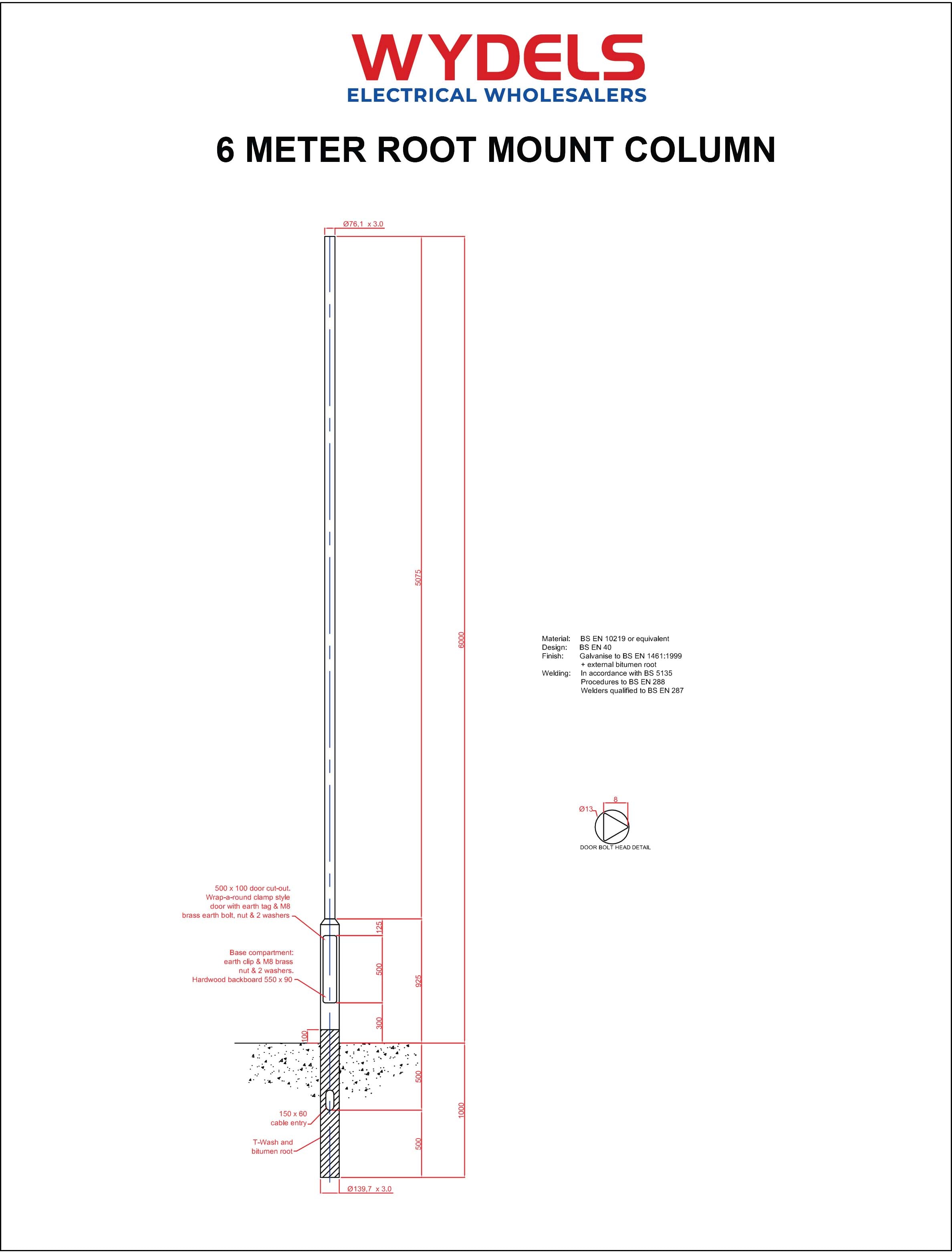 6 Metre Lighting Column Package c/w 60W LED Street Lantern, Fuse Cutout & Key