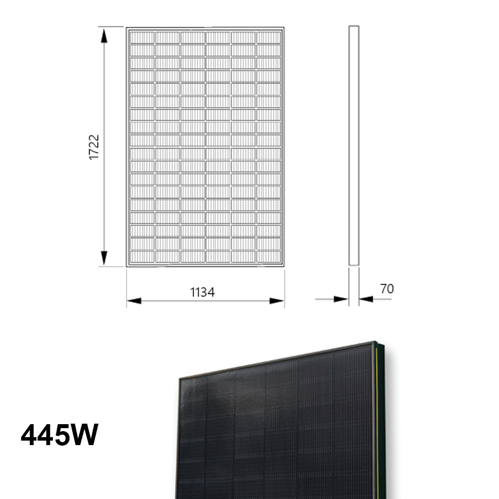 Technical diagram and angled view of a Viridian Solar 445W monocrystalline roof-integrated solar panel, with dimensions of 1722mm height, 1134mm width, and 70mm depth.